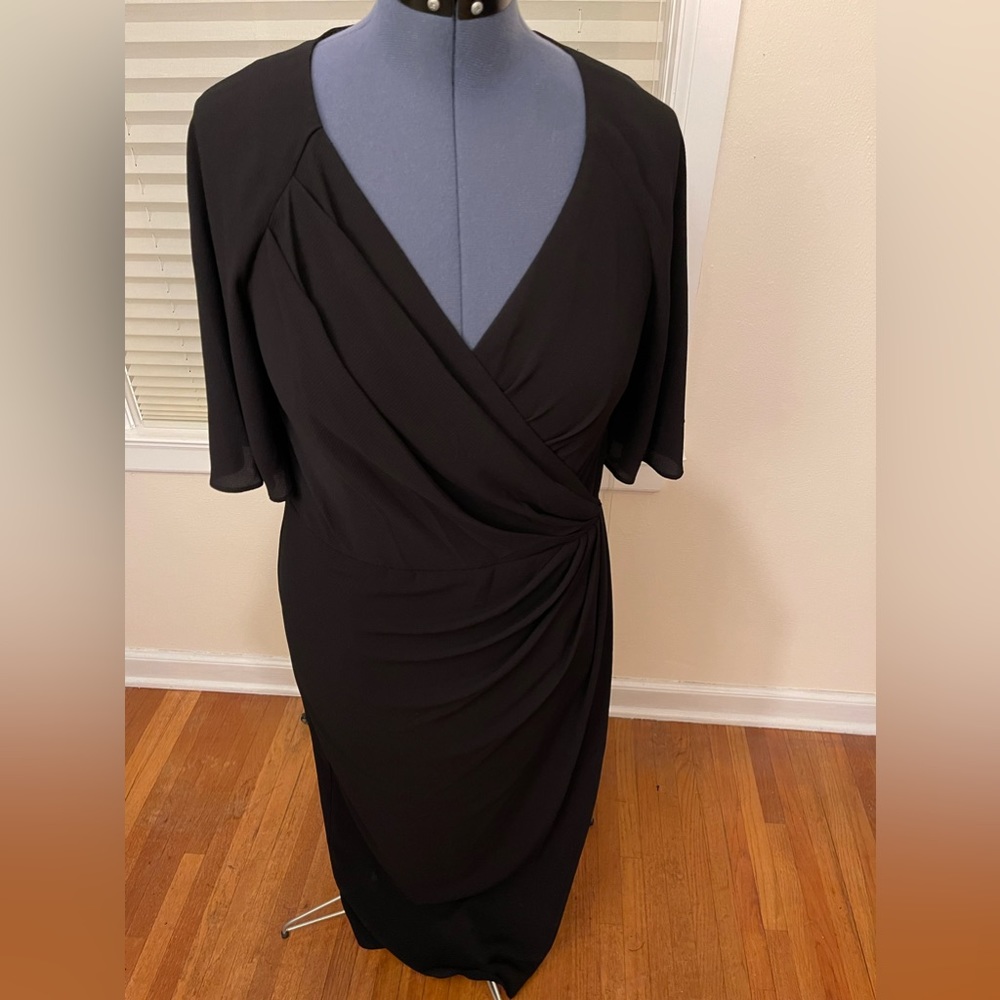 Maggy London size 16 black flutter sleeve, faux wrap dress